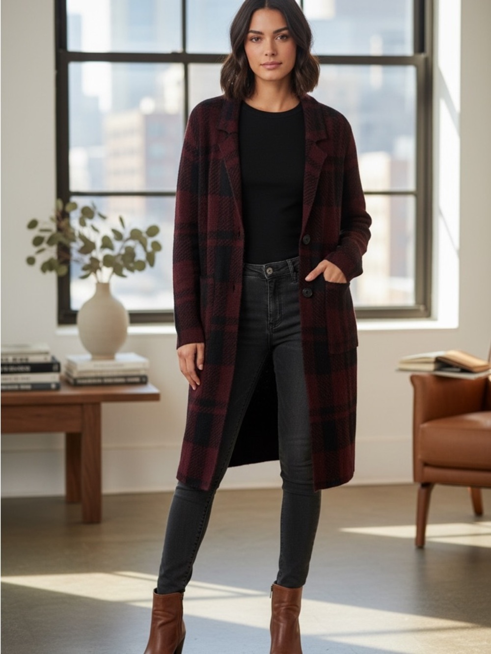 DEX Burgundy&Black Plaid Light Button Up Jacket XS